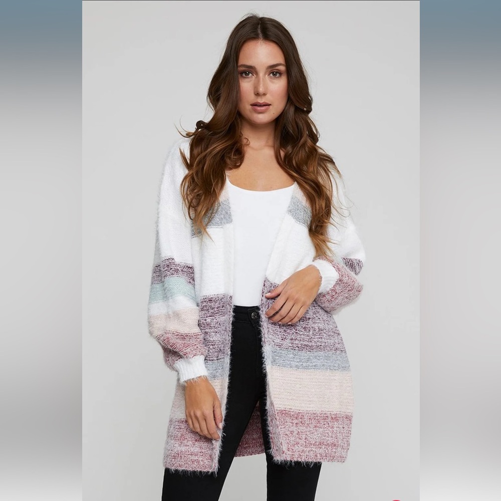 Gentle Fawn Ashworth Striped Fuzzy Cardigan Size Medium White Multi striped